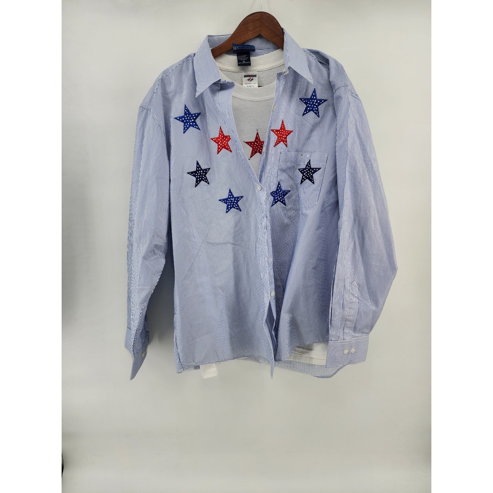 Las Olas Womens XL Blue White Striped Star Embroidered Button Down Shirt Jerzees